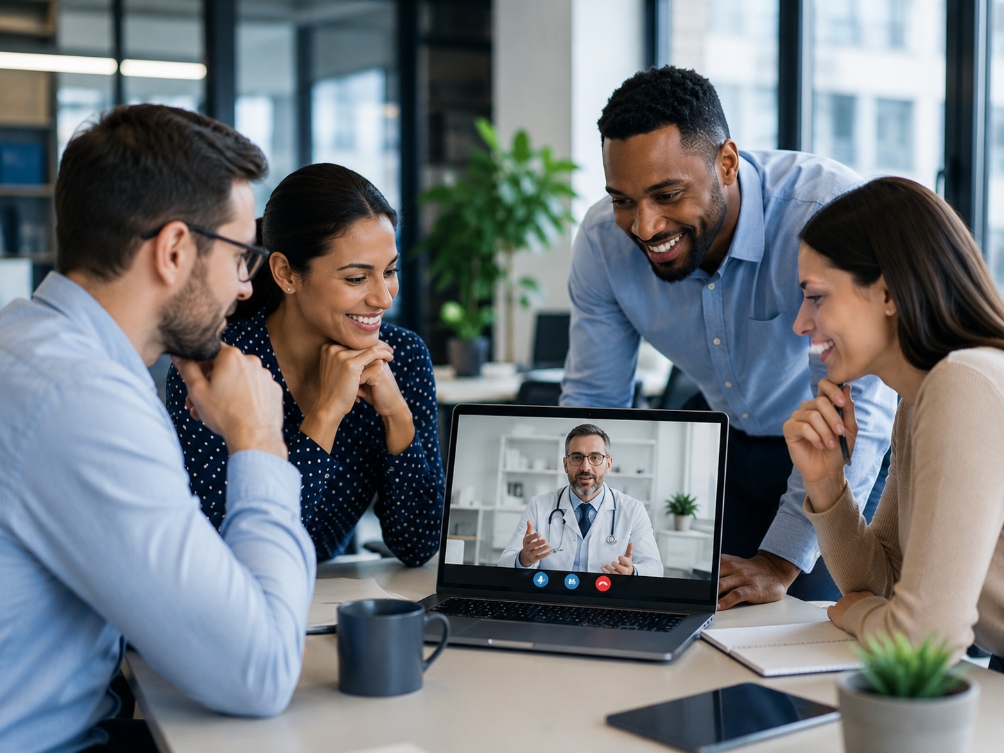 Employees reviewing virtual healthcare benefits